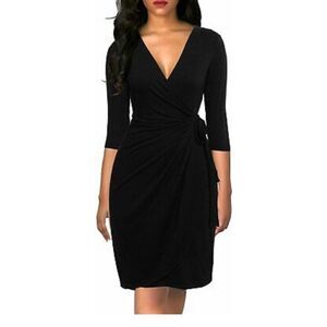 NWT BERYDRESS 3/4 sleeve v-Neck casual party work faux black wrap dress